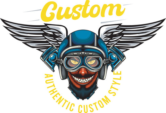 Vector Illustration of Skull Wearing Helmet with Wings and Glasses and Two Pistons with Vintage Illustration Available for Logo Badge