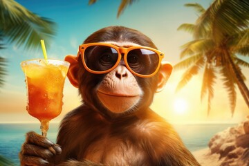 cool monkey with cocktail on tropical beach summer vacation
