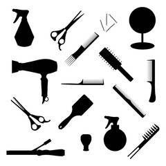 Hairdressing accessories. Professional haircut tools in barbershop, hair brush, comb, hair dryer, scissors, beauty salon hairdresser accessory, vector illustration.
