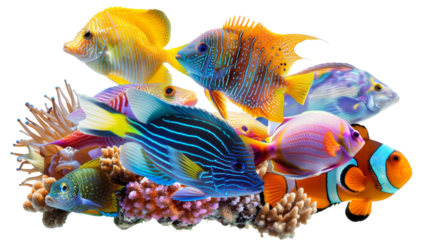 Colorful fish gracefully swim around vibrant coral in a mesmerizing underwater ballet