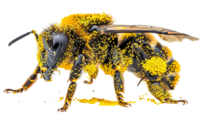 A bee is covered in yellow pollen, highlighting its role as a pollinator in the ecosystem