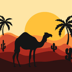 Silhouette of a camel on the background of the desert and desert landscape under the sunset sky