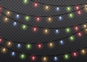 Garlands decorations. Colorful glow light lamp on wire strings isolated transparent background....