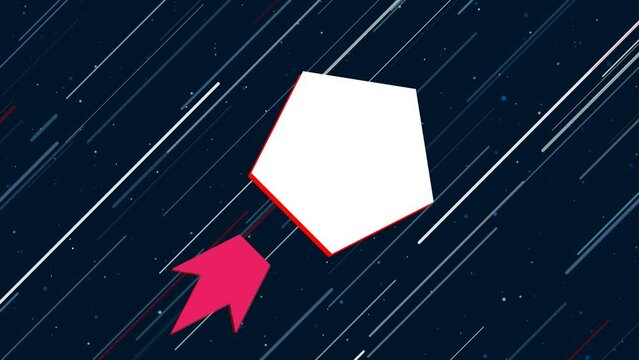 Pentagon symbol flies through the universe on a jet propulsion. The symbol in the center is shaking due to high speed. Seamless looped 4k animation on dark blue background with stars