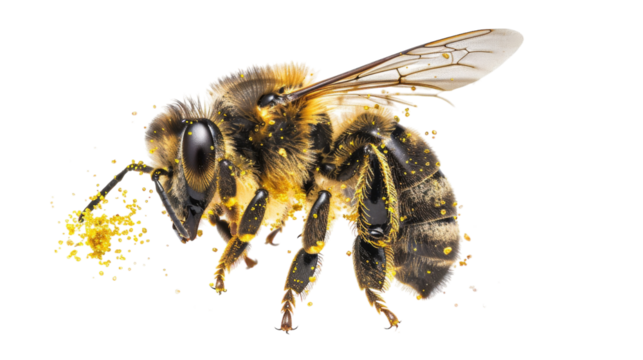 A bee hovers on a white background, showcasing intricate details like its wings and fuzzy body