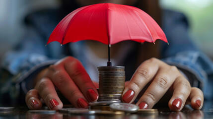 Macro shot of a hand with red nails guarding coins with a red umbrella, indicating asset protection