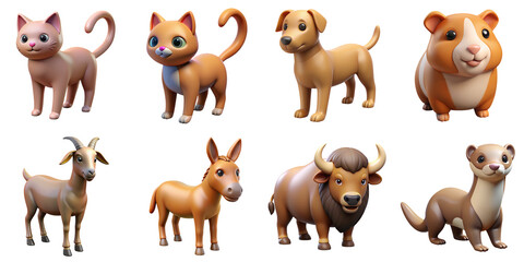 Farm and Domestic Animals 3D icons. Illustration of cat, dog, goat, donkey, bull, weasel