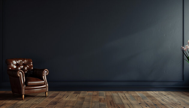 Living room with leather armchair on wood flooring and dark blue wal