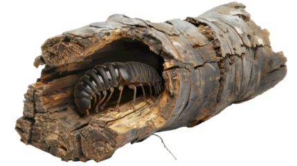 A large insect nestled deep within the grain of a massive wooden log