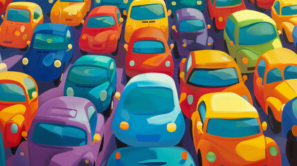 車の交通渋滞を風刺したカラフルなイラスト。背景、壁紙 - obrazy, fototapety, plakaty