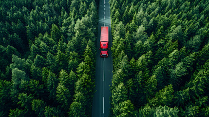 Aerial top view of a red truck driving on a forest highway road