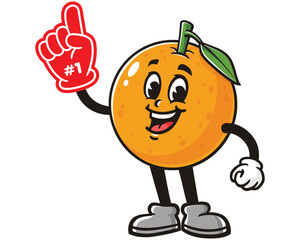 Orange fruit with foam finger cartoon mascot illustration character vector clip art hand drawn