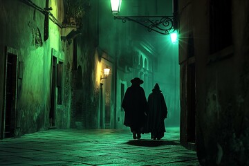 Two silhouetted figures in cloaks wander down an ancient cobblestone alley, bathed in the eerie glow of green street lamps, evoking a sense of mystery and bygone eras