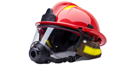 A firefighters helmet equipped with a breathing apparatus, ready for action in a fiery situation