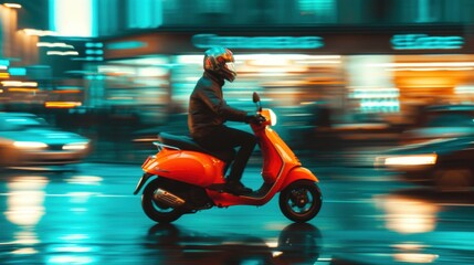 Moto scooter driver with red backpack behind back is on his way to deliver food. Courier on scooter delivering food. Quick shipping of goods to customers