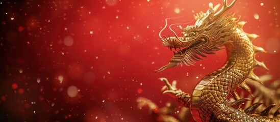 Golden chinese dragon on red background, copy space background, Happy chinese new year