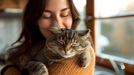 Peaceful Feline Moment - Adorable Tabby Cat Cuddled Comfortably in Owner's Arms,Enjoying Warm...