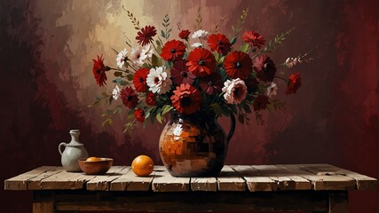 burgundy red theme still life flowers on table abstract oil pallet knife paint painting on canvas large brush strokes art illustration background from Generative AI - obrazy, fototapety, plakaty
