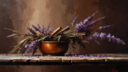 chocolate brown to lavender purple theme still life flowers on table abstract oil pallet knife paint painting on canvas large brush strokes art illustration background from Generative AI