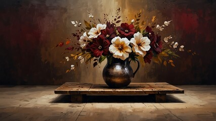 espresso brown to deep maroon theme still life flowers on table abstract oil pallet knife paint painting on canvas large brush strokes art illustration background from Generative AI - obrazy, fototapety, plakaty