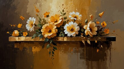 gold theme still life flowers on table abstract oil pallet knife paint painting on canvas large brush strokes art illustration background from Generative AI