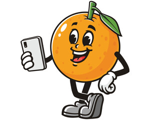 Orange fruit holding gadget cartoon mascot illustration character vector clip art hand drawn