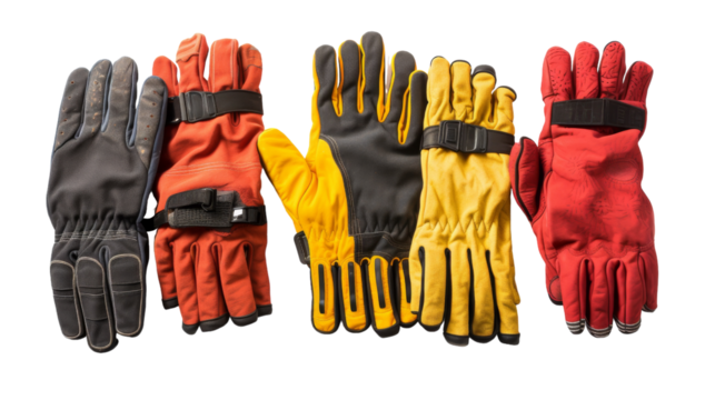 Five pairs of colorful gloves lined up neatly in a row on a wooden table