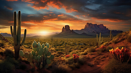 Arizona Desert Sunset and Cactus ai generated