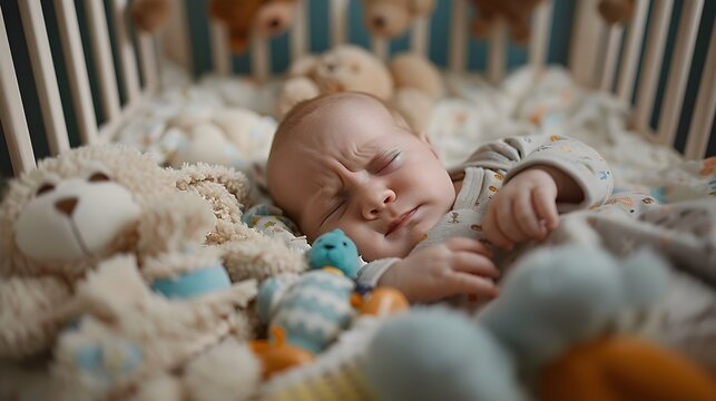 Peaceful Newborn Baby Sleeping Soundly in Cozy Nursery Crib Surrounded by Plush Toys and Soft Bedding