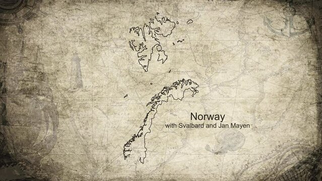 Norway map with Svalbard and Jan Mayen map drawn on a cartography background sheet of paper