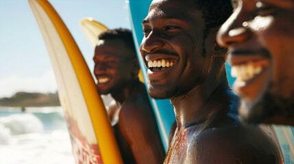 A group of joyful African American men are surfing