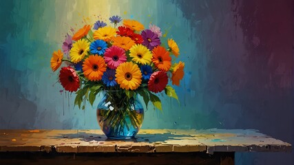 rainbow theme still life flowers on table abstract oil pallet knife paint painting on canvas large brush strokes art illustration background from Generative AI - obrazy, fototapety, plakaty