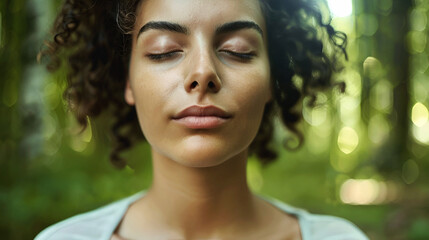 A woman practicing meditation with a serene expression on her face