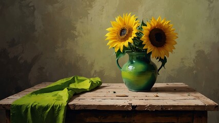 sunflower yellow to lime green theme still life flowers on table abstract oil pallet knife paint painting on canvas large brush strokes art illustration background from Generative AI - obrazy, fototapety, plakaty