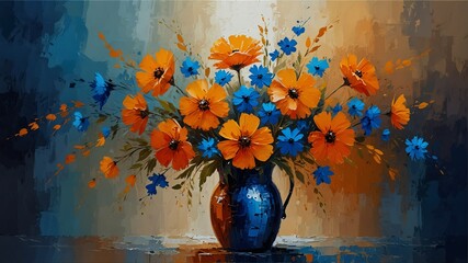 amber orange to sapphire blue theme still life flowers on table abstract oil pallet knife paint painting on canvas large brush strokes art illustration background from Generative AI - obrazy, fototapety, plakaty