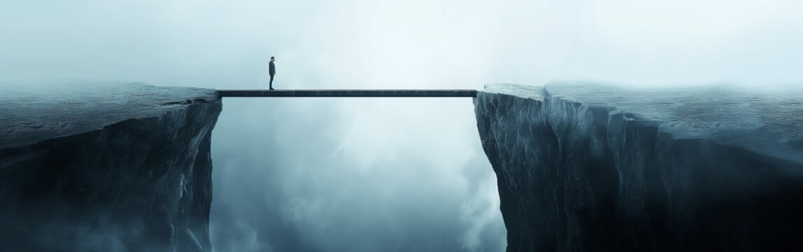 A solitary figure stands mid-way on a slender bridge spanning a vast chasm shrouded in mist, creating a poignant metaphor for isolation and bravery in the face of the unknown