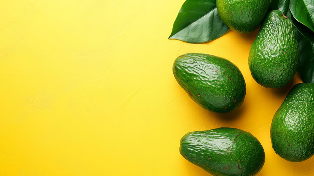 The avocado is the main focus of the image, and it is ripe and ready to eat. The yellow background adds a pop of color to the scene. Fresh ripe avocado on vibrant yellow background