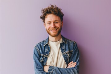 Portrait of a handsome young man with a beard in a denim jacket on a purple background - obrazy, fototapety, plakaty