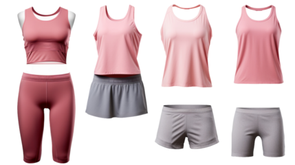 A group of womens sports wear featuring stylish tank tops and comfortable shorts