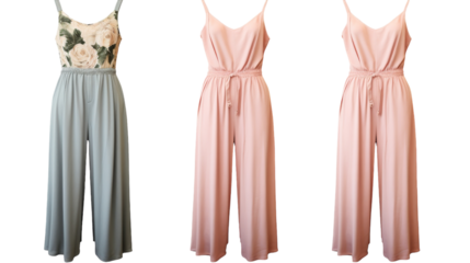 Three eclectic jumpsuits showcased on a white backdrop with unique styles and designs