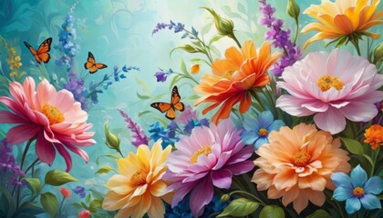 An enchanting scene of vivid flowers and delicate butterflies, rendered in a digital painting style, perfect for spring-themed designs.. AI Generation - obrazy, fototapety, plakaty