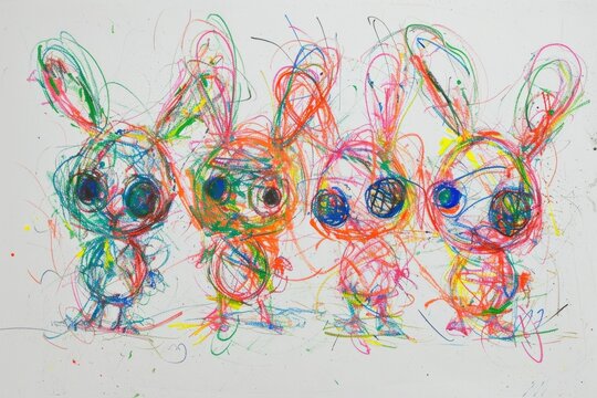 The hand drawing colourful picture of the group of the various type of the rabbit that has been drawn by a colored pencil or crayon on the white background that seem to be drawn by the child. AIGX01.