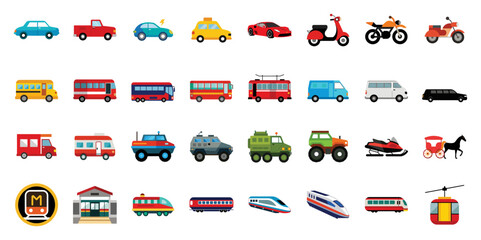 Transport flat icons illustration in cartoon. Cute car, sedan, pickup, minivan, limousine, metro train, snowmobile, horse carriage vector clipart for public vehicle. - obrazy, fototapety, plakaty