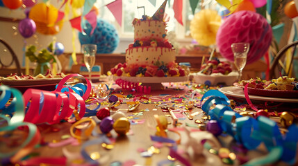 An ultra-HD birthday party scene with a table set for a feast
