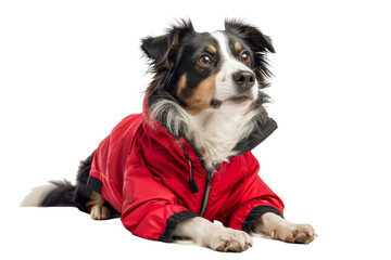 Dog Wearing Red Jacket Sitting on Ground