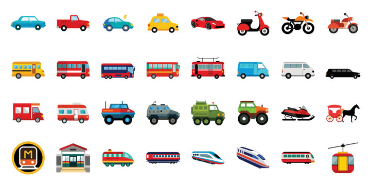 Transport flat icons illustration in cartoon. Cute car, sedan, pickup, minivan, limousine, metro train, snowmobile, horse carriage vector clipart for public vehicle.