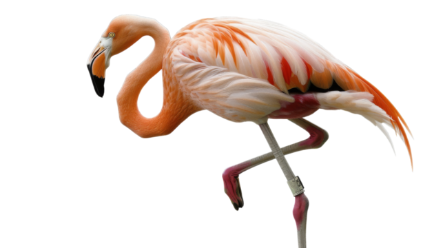 A pink flamingo gracefully stands on its hind legs, showcasing its elegant and unique balance