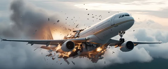 Fotobehang A harrowing scene unfolds as the airplane falls apart in mid-air, with explosions and sparks erupting as parts break away from the aircraft. © Murda