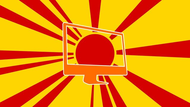 Monoblock symbol on the background of animation from moving rays of the sun. Large orange symbol increases slightly. Seamless looped 4k animation on yellow background