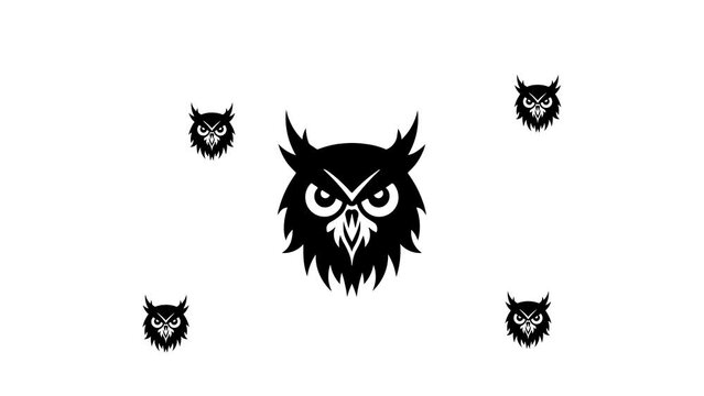Zoom in and out animation the owl head symbol. Large black symbol in the center and four small symbols around. Seamless looped 4k animation on white background